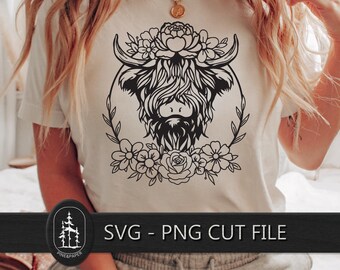 Mucca delle Highlands SVG png / File di taglio per Cricut e Silhouette / SVG floreale / Maglietta in vinile, tazza fai da te / Download immediato