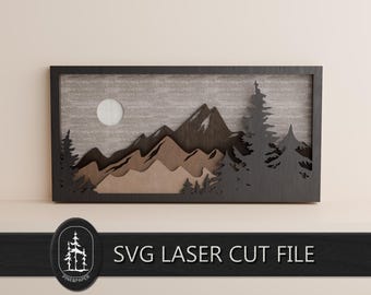 Paesaggio montano notturno 3D a strati in formato SVG per Glowforge e xTool – File di taglio laser a 6 strati realizzato a mano