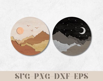 Pacchetto SVG 3D a strati con montagne, giorno e notte, per Glowforge e xTool – File per taglio laser artigianale