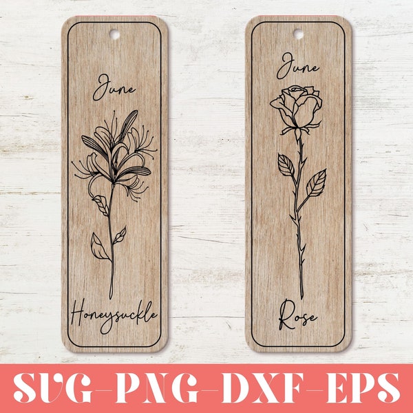 Birth Month Flowers Bookmark Svg, June Birth Flowers svg, Rose and Honeysuckle Bookmarks svg