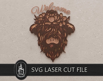 Insegna 3D a strati con mucca delle Highlands per Glowforge e xTool - File di taglio laser a 4 strati realizzato a mano