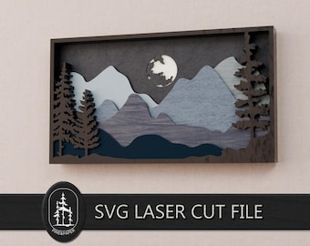 Mountain Forest Night Landscape 3D Layered SVG DXF - 8 Layer Laser Cut File - Glowforge, xTool & LightBurn - Instant Download