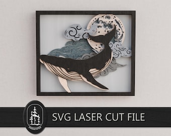 3D Layered Whale and Moon SVG for Glowforge & xTool – Handcrafted 8 Layer Laser Cut File