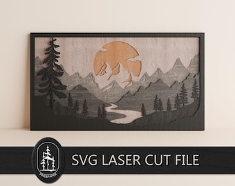 Paesaggio montano al tramonto 3D a strati in formato SVG per Glowforge e xTool – File di taglio laser a 7 strati realizzato a mano