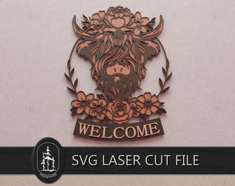 Cartello "Home" a forma di mucca in 3D a strati, file SVG per Glowforge e xTool – File di taglio laser a 4 strati, realizzato a mano.