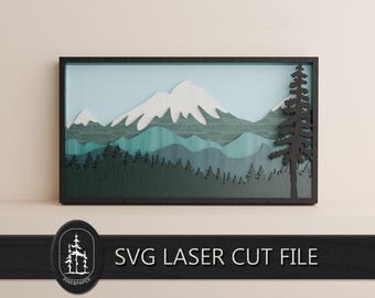 Paesaggio montano innevato 3D a strati in formato SVG per Glowforge e xTool – File di taglio laser a 7 strati realizzato a mano