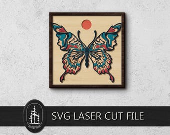 Farfalla retrò 3D a strati in formato SVG per Glowforge e xTool – File di taglio laser a 7 strati realizzato a mano