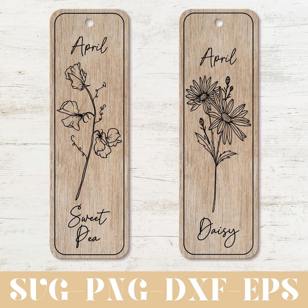 Birth Month Flowers Bookmark Svg, April  Birth Flowers svg, Sweet Pea and Daisy Bookmarks svg