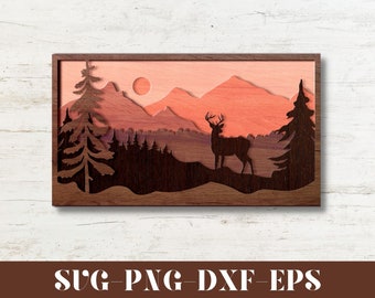 Deer Forest Mountain Landscape 3D Layered SVG DXF - 7 Layer Laser Cut File - Glowforge, xTool & LightBurn - Instant Download