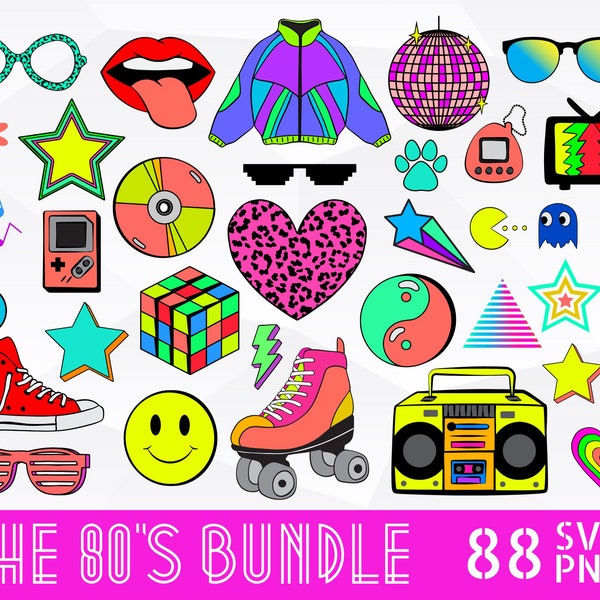 80s ClipArt Bundle, Neon 80s svg - png, Retro eighties clip art, Roller Skates Clipart, 80s Party, I Love 80s png