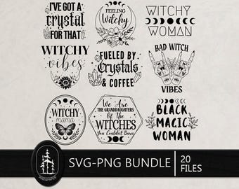 May include: A collection of black and white witch-themed SVG and PNG files. The designs include phrases like "Witchy Vibes," "Bad Witch Vibes," and "Black Magic Woman," along with other witchy graphics and text.