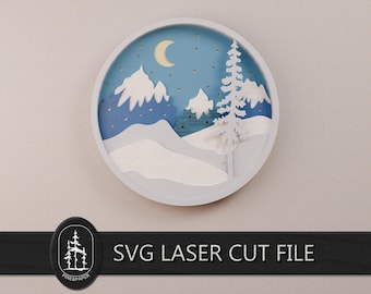 3D Layered Snowy Mountain Scenery SVG for Glowforge & xTool – Handcrafted 8 Layer Laser Cut File