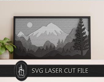 Paesaggio montano innevato 3D a strati in formato SVG per Glowforge e xTool – File di taglio laser a 8 strati realizzato a mano