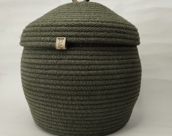 multipurpose organizer basket,with khaki color lid cotton rope storage decorative storage basket, Gift For Her, Home Decor