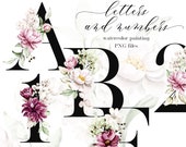 Alphabet with watercolor flowers, letters, monogram, numbers clipart, PNG transparent background, free commercial use