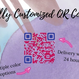 May include: A purple and blue QR code with the text "Delivery within 24 hours" and "Multiple colour options". The QR code is on a purple background with a watercolour effect.