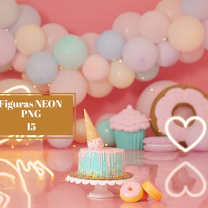 May include: A turquoise cake with white frosting and sprinkles, topped with a waffle cone and a pink ice cream scoop. The cake is on a white cake stand with two pink and white donuts in front of it. The background is pink with a garland of pastel balloons and neon signs.