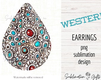 Orecchino a sublimazione occidentale / orecchino a goccia gioiello in argento turchese png / design png a sud-ovest / modello di orecchino da cowboy / png sublimato
