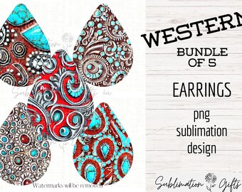 May include: A set of five digital designs for sublimation earrings. The designs feature a southwestern theme with turquoise, red, and silver accents. The text "WESTERN BUNDLE OF 5 EARRINGS png sublimation design" is visible in the image.