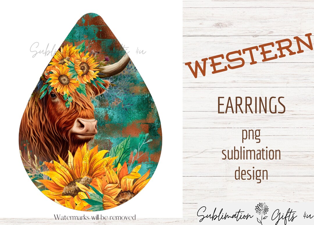 Western Highland Cow Sublimation Png Earring Design | Sunflower ...