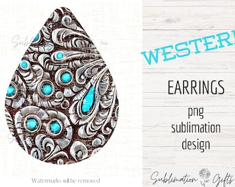 Orecchino a sublimazione occidentale / orecchino a goccia gioiello in argento turchese png / design png a sud-ovest / modello di orecchino da cowboy / png sublimato