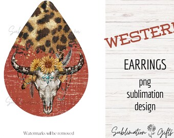 May include: Western-themed earrings featuring a distressed red background with a skull, sunflowers, and leopard print. The text "WESTERN EARRINGS png sublimation design" is visible on the right side of the image.