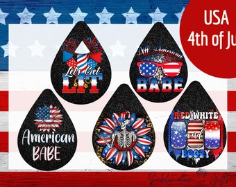 May include: Set of five black and glitter teardrop-shaped earrings with red, white and blue American flag designs. The designs include fireworks, sunglasses, a sunflower, a skeleton and beer cans. The text on the earrings reads "Let's Get Lit", "All American Babe", "American Babe", "Red White and Boozy", and "USA 4th of July".