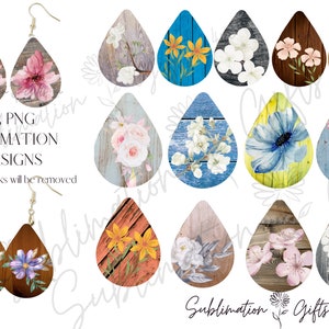 Aquarellen Bloemen Oorbel PNG | Oorbel sjabloon | druppelvormige oorbel png-bundel | sublimatie oorbellen | sublimatie traan oorbellen