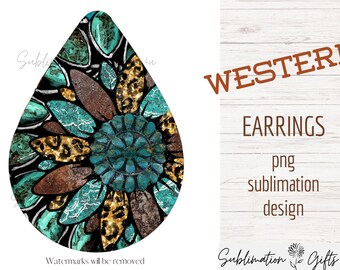 May include: A pair of western-themed earrings with a turquoise, gold, and brown geometric design. The earrings are in the shape of a teardrop.