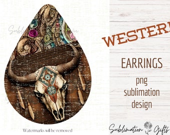 Western sublimation earring | bull skull teardrop earring png | western png design | cowboy earring template | sublimate earring designs