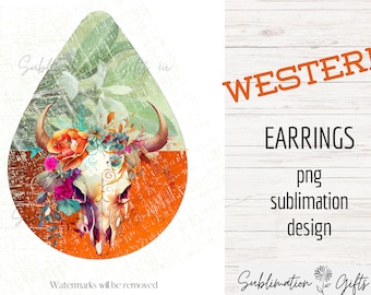 May include: A sublimation design for earrings featuring a watercolor skull with floral accents on a green and orange background. The text "WESTERN EARRINGS" is visible in the image.