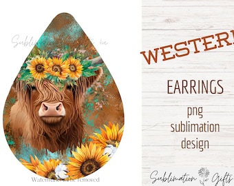 Western Highland Cow sublimation png earring design | sunflower template | cowgirl cowboy png | cow bull skull | western png| ready to press