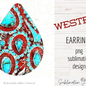 Western sublimation earring | turquoise silver jewel teardrop earring png | southwest png design | cowboy earring template | sublimate png