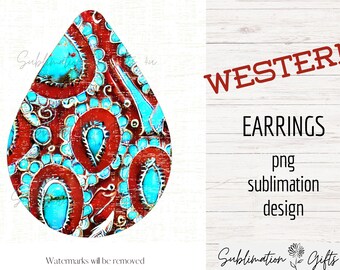 Orecchino a sublimazione occidentale / orecchino a goccia gioiello in argento turchese png / design png a sud-ovest / modello di orecchino da cowboy / png sublimato