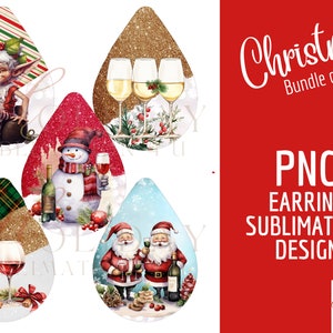 Kerst wijn oorbel BUNDEL | wijnliefhebbers png | wijn sjabloon| | traansublimatie png-ontwerpen | Kabouter | Kerstman | Rendier | Sneeuwman