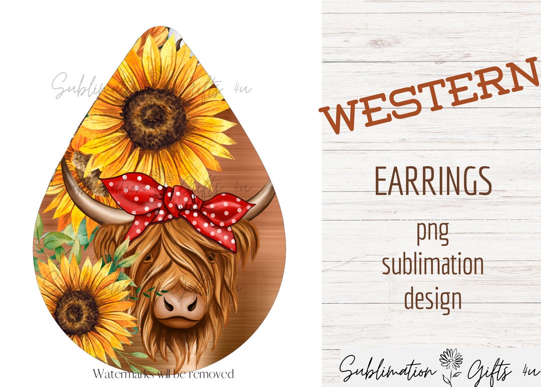 Western Highland Cow Sublimation Png Earring Design | Sunflower ...