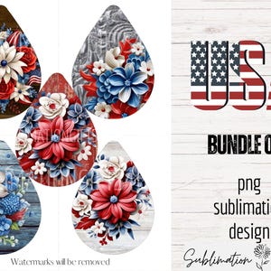 Floral USA America PNG Earrings, Vibrant Teardrop Design for Everyday Wear, Perfect Gift for Patriotic Jewelry Lovers