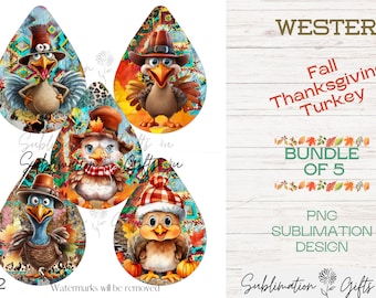 Western Fall Sublimation Earring Bundle | Thanksgiving turkey template | Leopard | Animal print | teardrop earring png | Scarecrow | Pumpkin