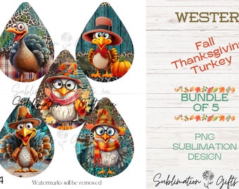 Western Fall Sublimation Earring Bundle | Thanksgiving turkey template | Leopard | Animal print | teardrop earring png | Scarecrow | Pumpkin
