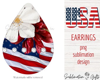 May include: Sublimation design for earrings featuring a red, white and blue American flag with a white flower and rhinestones. The text "USA" and "EARRINGS" are also included in the design.