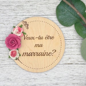 Wooden pellet “do you want to be my godmother” birth announcement with magnificent flowers, request for godmother, new baby