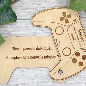 Annoncement manette Playstation en bois demande de parrain « Niveau parrain débloqué, Acceptes-tu ta nouvelle mission» souvenir grossesse