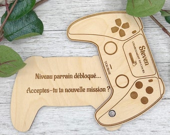 Wooden Playstation controller announcement sponsor request “Sponsor level unlocked, Do you accept your new mission” pregnancy souvenir