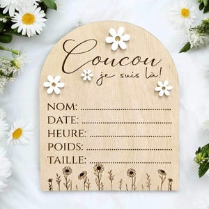 Plaque de bois avec informations de naissance thématique marguerite « Coucou je suis là » magnifique souvenir de naissance