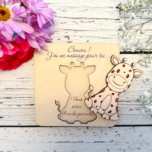 Pregnancy announcement puzzle pastille personalized “giraffe” model, request for godmother, godfather and congratulations to grandparents