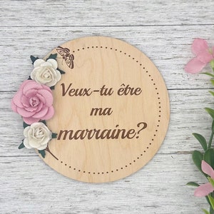 Wooden pellet “do you want to be my godmother” birth announcement with magnificent flowers, request for godmother, new baby