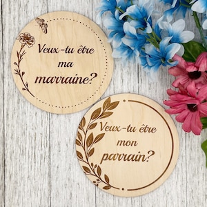 Duo Pastille de bois annoncement grossesse « veux-tu être mon parrain ? » « Veux-tu être ma marraine? »demande parrain et marraine, souvenir