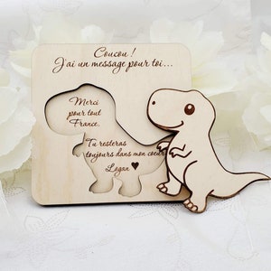 Cadeau pour enseignants/éducateurs, carte annonce de bois personnalisé modèle « Dinosaure T-rex» , pastille puzzle , souvenirs, bois gravé