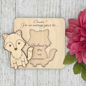 Pastille de bois puzzle, Loup,  annoncement de demande marraine « Coucou ! j'ai un message pour toi... Aimerais-tu être ma marraine ?»