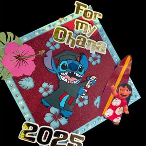Ohana pet-topper, afstudeerpet-topper, 2025 pet-topper, kartonnen topper, cartoon pet-topper, pet-topper voor haar, pet-topper afstuderen